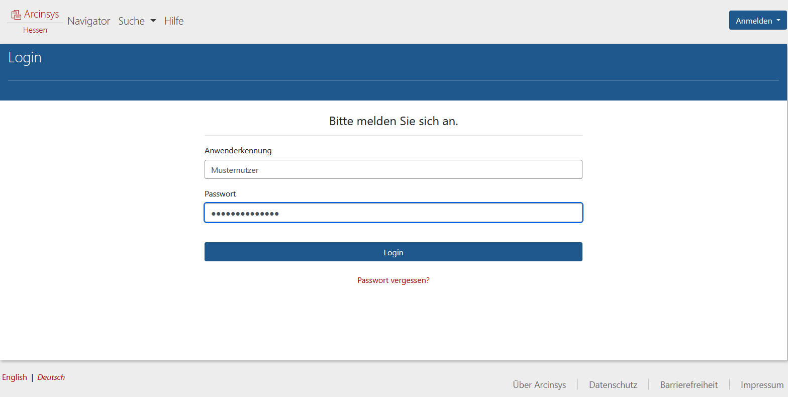 Screenshot der Anmeldeseite in Arcinsys. Die Seite hat die h1-Überschrift 'Login'. Auf der Anmeldeseite befinden sich das Eingabefeld
							'Anwenderkennung', das Eingabefeld 'Passwort', der Button 'Login' und der Link 'Passwort vergessen?'.