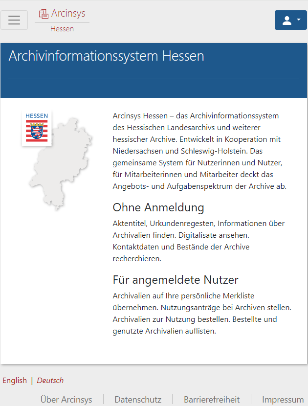 Screenshot der Startseite von Arcinsys Hessen