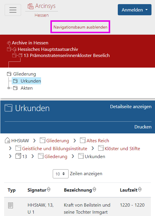 Screenshot der Listenansicht in Arcinsys, Mobilansicht. 
								In der Mobilversion der Listenansicht befindet sich der Navigationsbaum sich oberhalb der tabellarischen Anzeige der Datenobjekte. Er kann mit einem Button ein- oder ausgeblendet werden.