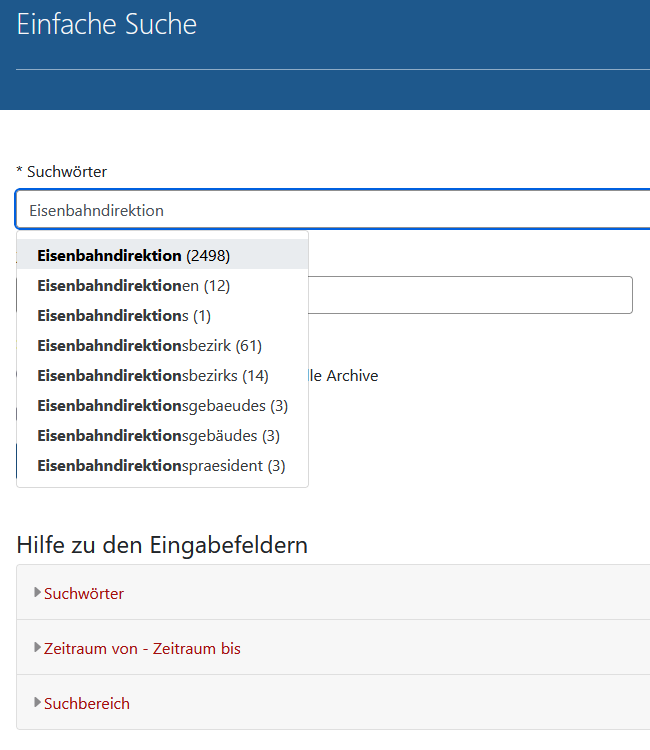 Screenshot der Suchmaske der Einfachen Suche in Arcinsys. 
									Auf der Suchseite werden der Arcinsys-Navigationsbaum mit Gliederungspunkten und die Suchmaske der Einfachen Suche angezeigt. 
									Die Suchmaske ist mit der h1-Überschrift 'Einfache Suche' bezeichnet. Im Kopfbereich befindet sich der Button 'Zurücksetzen'.
									
						 Die Suchmaske der Einfachen Suche besteht aus folgenden Elementen: Link 'Hilfe zu den Eingabefeldern', Eingabefeld 'Suchwörter', Eingabefeld 'Zeitraum von', Eingabefeld 'Zeitraum bis', Abschnitt 'Suchbereich' mit Auswahlfeld 'Auswahl im Navigationsbaum' 
						 und Auswahlfeld 'Alle Archive', Markierungskästchen 'Nur Objekte mit Digitalisaten' und Button 'Suchen' für die Auslösung der Suche sowie die 'Hilfe zu den Eingabfeldern'.
						 Mit einem Klick auf den Button 'Zurücksetzen' im Kopfbereich werden alle Sucheinträge und Markierungen gelöscht.