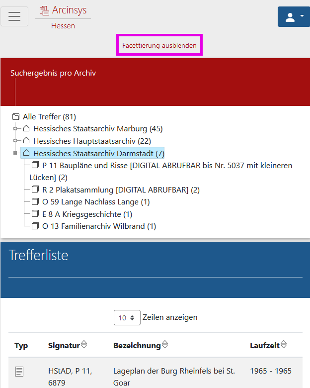 Screenshot der Anzeige des Suchergebnisses in Arcinsys, Mobilansicht.