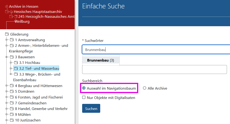 Screenshot der Suchmaske der Einfachen Suche in Arcinsys. 
									Auf der Seite der 'Einfachen Suche' wird der Navigationsbaum angezeigt. 
									Er besteht aus hierarchisch gestaffelten Gliederungspunkten, die als Liste definiert sind. Die einzelnen Gliederungspunkte (Listenelemente) können ausgewählt werden.
									Um die Suche auf einen bestimmten Gliederungspunkt einzugrenzen, muss man zuerst im Navigationsbaum einen Gliederungspunkt markieren 
									und anschließend in der Suchmaske das Auswahlfeld 'Auswahl im Navigationsbaum' markieren. 
									Um die Suche in ganz Arcinsys durchzuführen, muss man in der Suchmaske das Auswahlfeld 'Alle Archive' markieren.