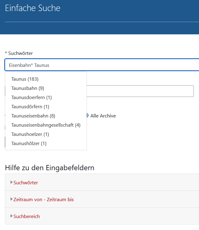 Screenshot der Einfachen Suche in Arcinsys. 
									Wenn man in das Eingabefeld 'Suchwörter' zwei oder mehrere Suchbegriffe einträgt, sucht Arcinsys nach Objekten, 
									in denen alle diese Begriffe vorkommen. Die Suchbegriffe können mit einem Asterisk als Platzhalter trunkiert werden.