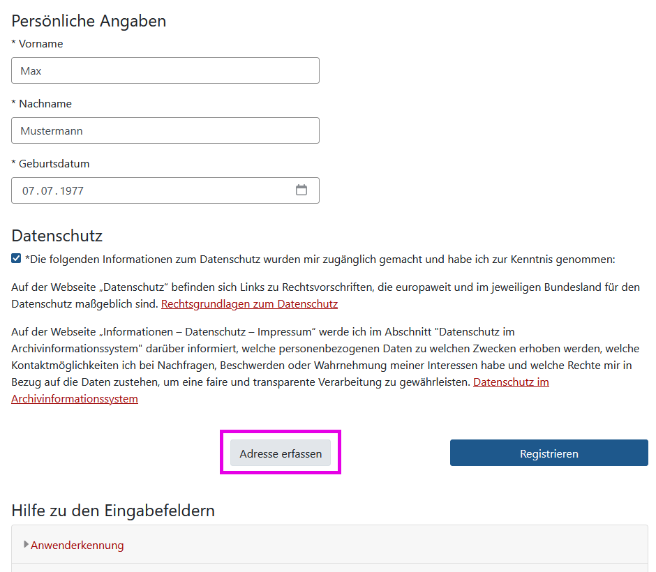 Screenshot der Registrierungsmaske in Arcinsys. 
							Wenn man noch keine Adresse erfasst hat, gibt es auf der Seite der Registrierung die Buttons 'Adresse erfassen' und 'Registrieren'.