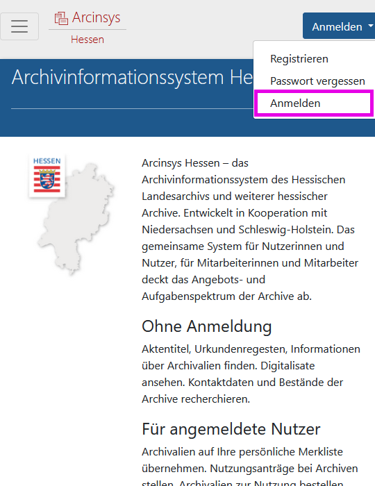 Screenshot des Anmeldebereichs auf der Startseite von Arcinsys. 
							Wenn man nicht in Arcinsys angemeldet ist, enthält der Anmeldebereich folgende Links: Registrieren, Passwort vergessen, Anmelden.