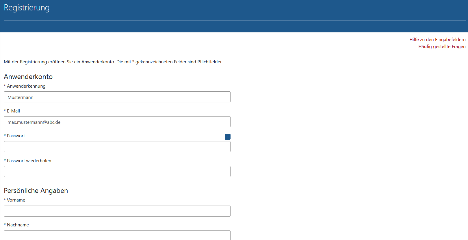 Screenshot der Seite der Registrierung in Arcinsys. 								 
								Die Seite ist mit der h1-Überschrift 'Registrierung' bezeichnet. Es gibt die Links 'Hilfe zu den Eingabefeldern' und 'Häufig gestellte Fragen'. 
								Die Seite hat folgende Eingabefelder: Anwenderkennung (Pflichtfeld), E-Mail (Pflichtfeld),
							Passwort (Pflichtfeld), Passwort wiederholen (Pflichtfeld), Titel, Vorname (Pflichtfeld), Nachname (Pflichtfeld) und Geburtsdatum (Pflichtfeld mit Kalenderfunktion). 
							Zudem gibt es das Markierungskästchen 'Datenschutz', den Button 'Adresse erfassen' und den Button 'Registrieren'. 
							Ferner gibt es auf die mit einer h2-Überschrift bezeichneten Rubrik 'Hilfe zu den Eingabefeldern' mit den Registerkarten 'Anwenderkennung', 'E-Mail' und 'Passwort'. 
							Die Vorgaben für das Passwort sind dort in Screenreader-tauglicher Form angegeben.
							
							Zudem gibt es die Rubrik 'Häufig gestellte Fragen'. Sie hat folgende Registerkarten: 
							Wozu dient die Registrierung?
							Kann ich mit der Registrierung Archivalien bestellen?
							Wer kann die Daten der Registrierung einsehen?
							Kann ich die Daten später noch einsehen oder ändern? 
							Muss ich mich mehrmals bei Arcinsys registrieren?
							Welchen Zweck haben Eintragungen in Felder, die keine Pflichtfelder sind?