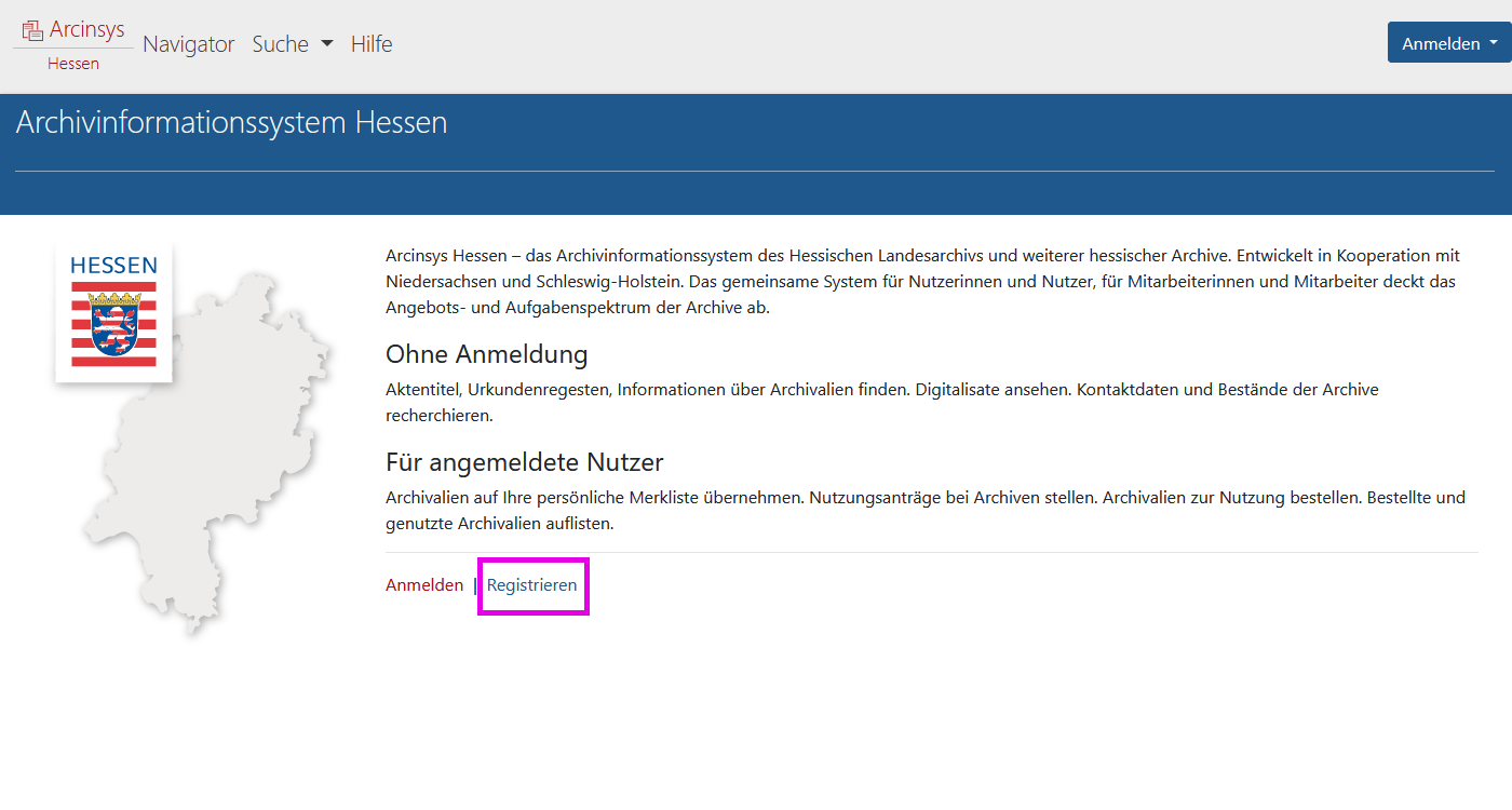 Screenshot der Startseite von Arcinsys. 
							 Auf der Startseite gibt es das Menü, den Anmeldebereich und den Hauptbereich mit der h1-Überschrift 'Archivinformationssystem [Bundesland]'. 
							 Im Hauptbereich gibt es die Links 'Anmelden' und 'Registrieren'.