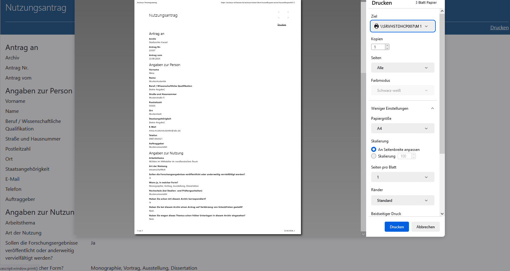 Screenshot der Druckansicht eines Nutzungsantrags oder Nutzungsformulars. 
								Die Druckansicht öffnet sich, wenn man auf der Seite 'Meine Nutzungsanträge und -formulare' in der Tabellenspalte 'Aktion' auf den Link 
								'Nutzungsformular anzeigen' bzw. 'Nutzungsantrag und Bescheid anzeigen' klickt.
								Die Druckansicht zeigt alle Angaben des Nutzungsantrags bzw. Nutzungsformulars sowie die erteilten Berechtigungen und Bemerkungen des Archivs.