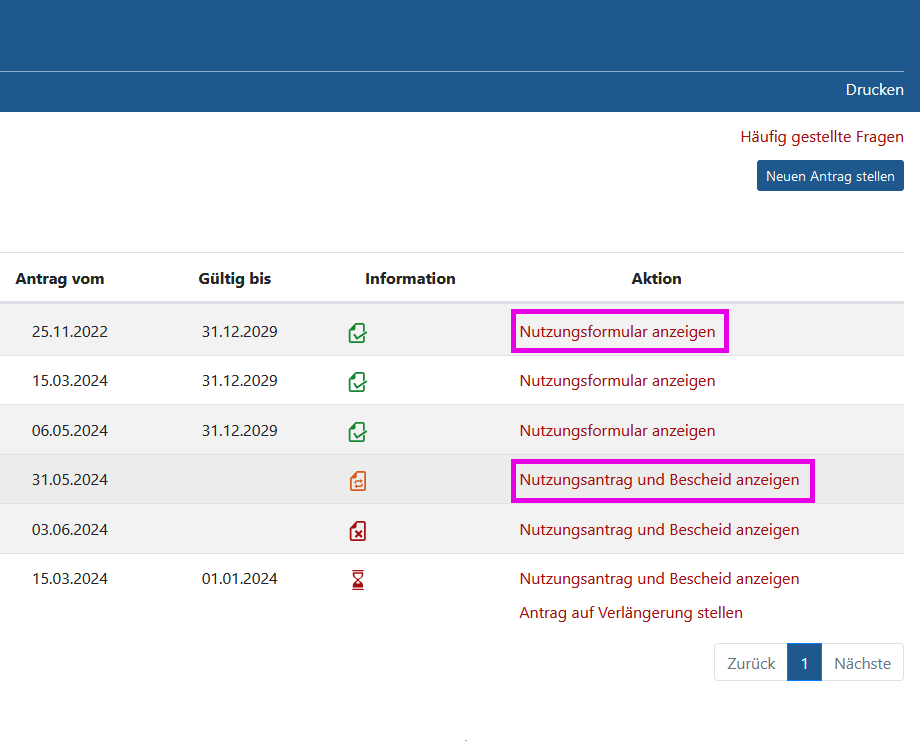 Screenshot der Seite 'Meine Nutzungsanträge und -formulare'. 
								Die Seite hat die h1-Überschrift 'Meine Nutzungsanträge und -formulare'. Im Kopfbereich gibt es den Link 'Drucken'.
								Im Hauptbereich gibt es den Link 'Häufig gestellte Fragen'.
								Vorhandene Nutzungsanträge und Nutzungsformulare werden in einer Tabelle angezeigt. Sie hat folgende Spalten: 
								Archiv, Thema, Antrag vom, Gültig bis, Information, Aktion.
								
									In der Spalte 'Aktion' gibt es einen Link zur Anzeige von Nutzungsanträgen oder Nutzungsformularen. 
								Für ihn können zwei verschiedenen Links ausgegeben werden. Bei Nutzungsanträgen lautet der Link 'Antrag und Bescheid anzeigen'.
								Bei Nutzungsformularen lautet der Link 'Nutzungsformular anzeigen'.
								Ist der Nutzungsantrag abgelaufen, gibt es in der Spalte 'Aktion' den Link 'Antrag auf Verlängerung stellen'.