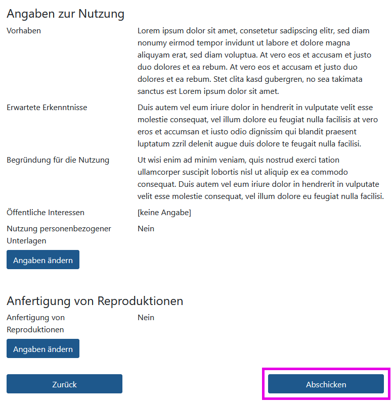 Screenshot der Prüfseite des Schutzfristverkürzungsantrags (Anwendung nicht barrierefrei). 
								Die Prüfseite ist die letzte Seite des Schutzfristverkürzungsantrags. Sie ist mit der h1-Überschrift 'Prüfung' bezeichnet. Im Kopfbereich gibt es den Link 'Speichern'. 
								Auf der Seite werden alle von Ihnen im Schutzfristverkürzungsantrag gemachten oder unveränderten Eintragungen abschnittsweise angezeigt. 
								Bei jedem Abschnitt befindet sich ein Button 'Angaben ändern', mit dem Sie direkt zu der entsprechenden Seite zurückkehren.
								Zudem gibt es die Buttons 'Zurück' (führt zur zuletzt aufgerufenen Seite) und 'Abschicken'.