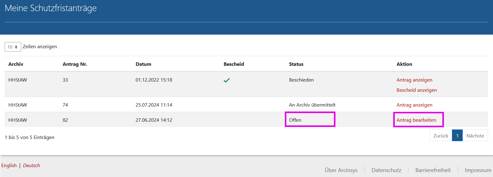 Screenshot der Seite 'Meine Schutzfristanträge'. Die Seite enthält eine Tabelle mit folgenden Spalten: Aktion, Datum, Archiv, Antrag Nr., Bescheid, Status. Bei einem Antrag, der noch nicht an das Archiv übermittelt wurde, wird in der Spalte 'Aktion' bei diesem Antrag der Link 'Antrag bearbeiten' angezeigt. In der Spalte 'Status' wird der Status 'Offen' angezeigt.